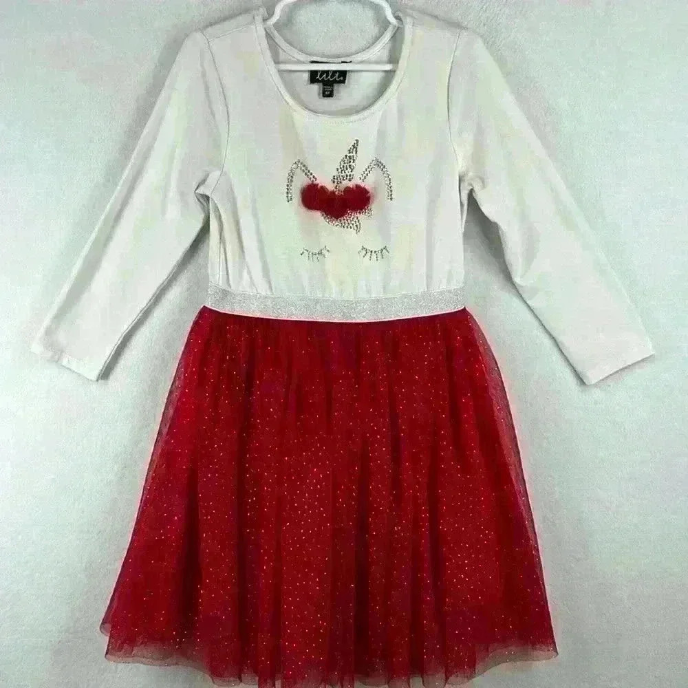 Lilt Girl’s Unicorn Dress Sz 6X Red and White Net Skirt Christmas